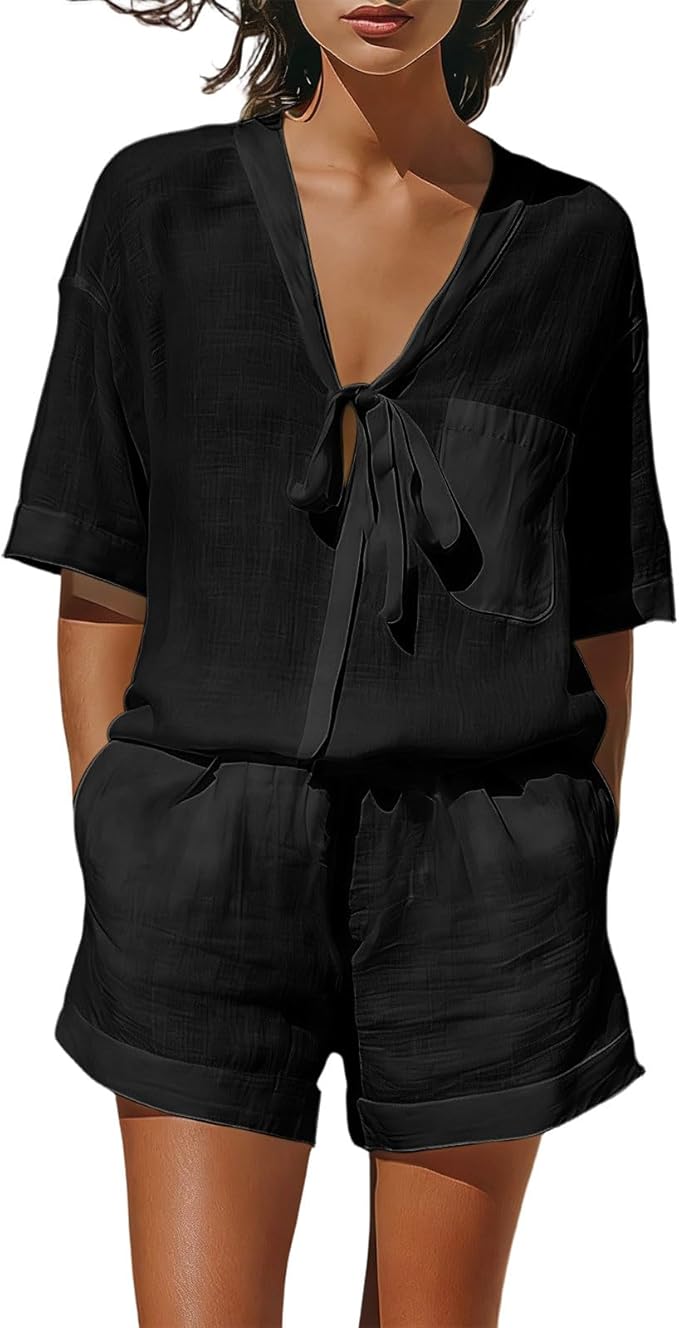 Conjunto Mujer Verano Algodón y Lino Conjunto Corto de 2 Piezas Chándal Completo Casual Cuello V Camiseta Manga Corta con Bolsillo y Pantalon Corto Color Sólido Cómodo Traje para Vacaciones Playa
