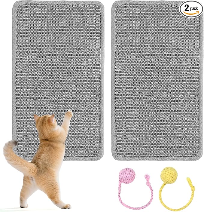 2 Piezas Alfombrilla Rascador para Gatos, 50x25 cm Alfombra Rascadora de Sisal Natural, con Bola de Juguete, Autoadhesiva, para Sofá, Pared, Puerta – Protección contra Arañazos y Desgaste(Gris)