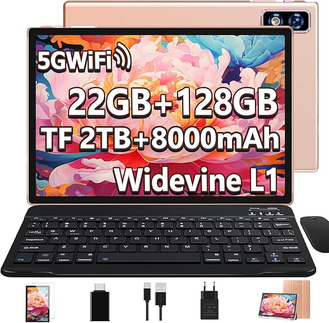 Último Tablet Android Gemini AI, Tablet 10 Pulgadas, 22GB+128GB/TF 1TB, Octa-Core 2.0GHz, 5G WiFi, Bluetooth5.0, 8000mAh Batería, 8MP+5MP, Widevine L1, GPS, Tablet con Funda, Teclado y Ratón - Dorado