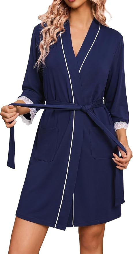 Bata de Mujer Algodón Manga 3/4 con Encaje en Puños Albornoz Ligero Suave con Bolsillos y Cinturón, Ropa de Dormir Transpirable Estilo Kimono