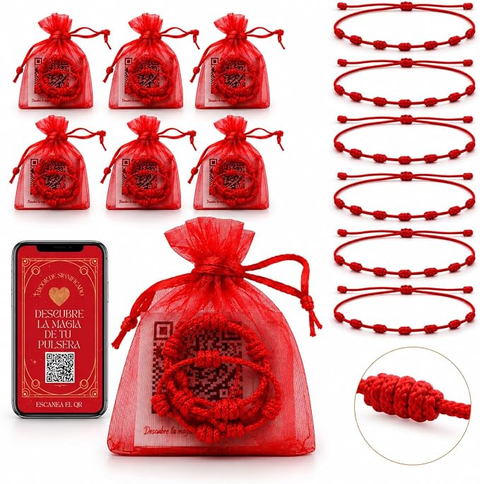 6 Pulseras de Hilo Rojo con Nudos, estilo cordón redondo, ajustables 14-30cm-Amuleto Contra el Mal de Ojo-Nylon Rojo Cómodo y Resistente-Regalo Original Para Amigos y Parejas-Incluye Bolsitas y QR