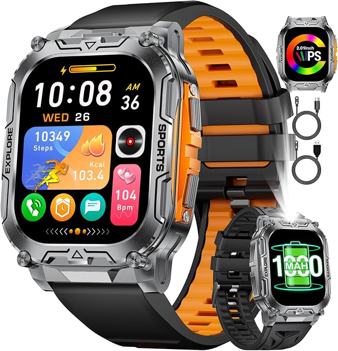 Reloj Inteligente Hombre Llamada Bluetooth, 2.01" Militar Smartwatch con 1000 mAh/Llamada Bluetooth/LED Linterna, 110+ Modos Deportivos, Pulsómetro/Monitor de Sueño, IP68 Reloj, Android iOS,BWTX12-E