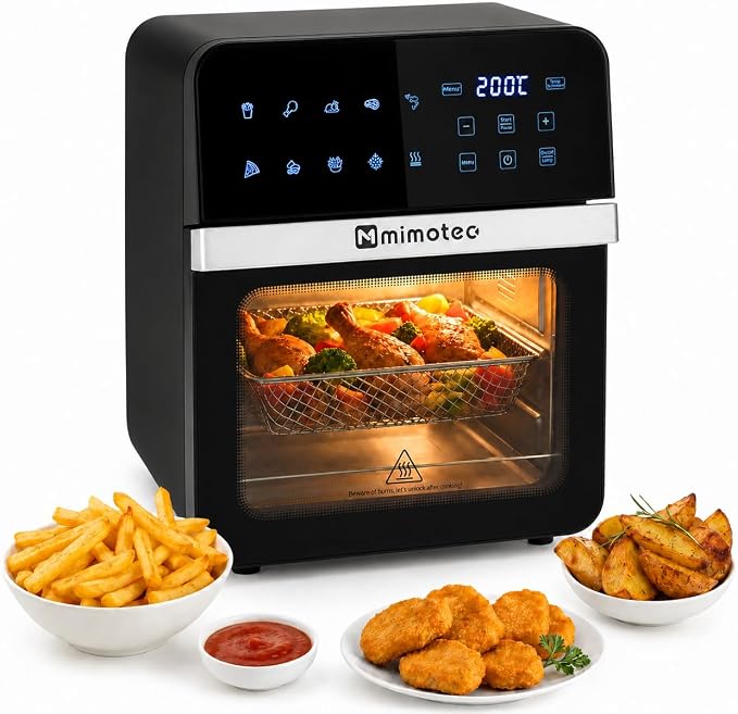 M mimotec – Air Fryer Vera Touch 10L, Freidora de Aire sin Aceite, 1800W, 10 Menús Digitales, Pantalla Táctil, Función Grill, Temporizador regulable, 2 niveles, Temperatura 80-200°C, Cocina Saludable