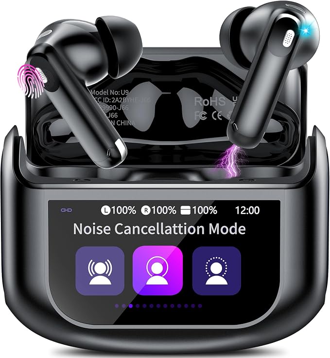 Thunelec Auriculares Inalambricos con Pantalla Táctil LED, 2026 Nuevo Auriculares Bluetooth 5.4 con Reducción de Ruido ANC+ENC y HD Mic, 48H Cascos Inalambricos con HiFi Estéreo/5 Modos EQ, Negro