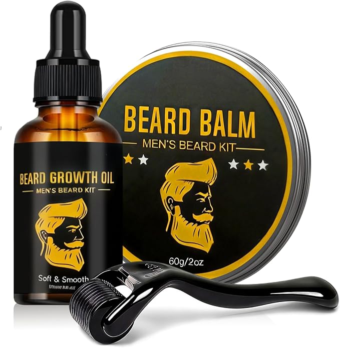 Crece Barba Kit, Crece Barba cuidado Kit, Aceite Barba Balsamo Barba Con Rodillo, Crecimiento Barba Y El Crecimiento Cabello, Regalo Ideal para Hombres o Padres