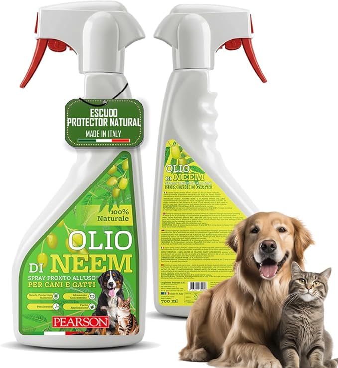 PEARSON Aceite de Neem para Perros y Gatos Spray 700ML, Escudo Natural, Olor Desagradable para Garrapatas, Pulgas y Mosquitos, Compatible con Spray Antiparasitario Perros y Gatos, Made in Italy