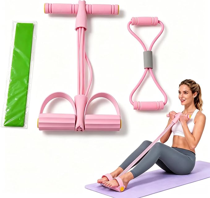 3 Piezas Entrenador Abdominal, Cuerda Elástica Multifunción con Banda de Resistencia de Figura 8 y Banda Elástica, Bandas de Resistencia de Pedal, para Estiramiento, Yoga