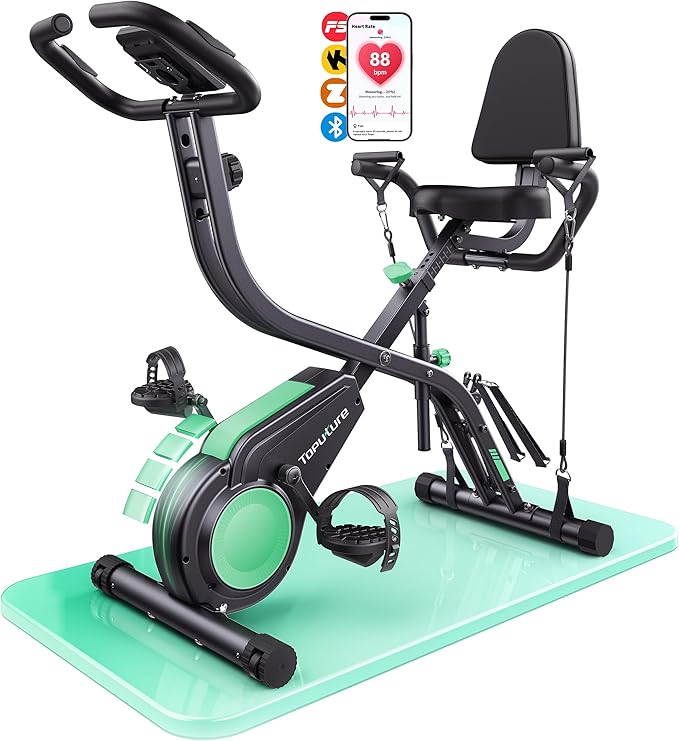 Toputure Bicicleta Estática 5 en 1 con App, Bici Estática Plegable para Casa y Espacios Reducidos, 16 Niveles Magnética Silenciosa, con Bandas de resistencia, Respaldo y Pulsómetro, Máx 140KG