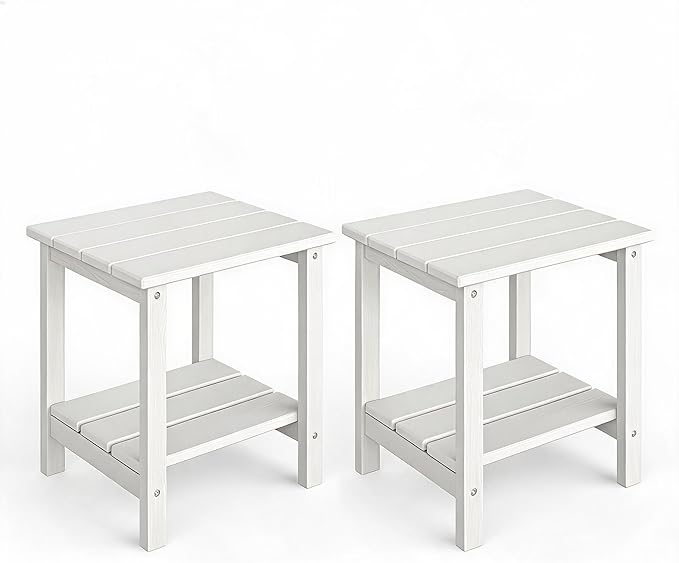 Garvee Mesa Auxiliar Exterior Estilo Adirondack 45 x 38 cm，Mesa de Dos Niveles en HDPE con Acabado Efecto Madera，Resistente a la Intemperie Terraza，Jardín y Piscina，Blanco，Pack de 2