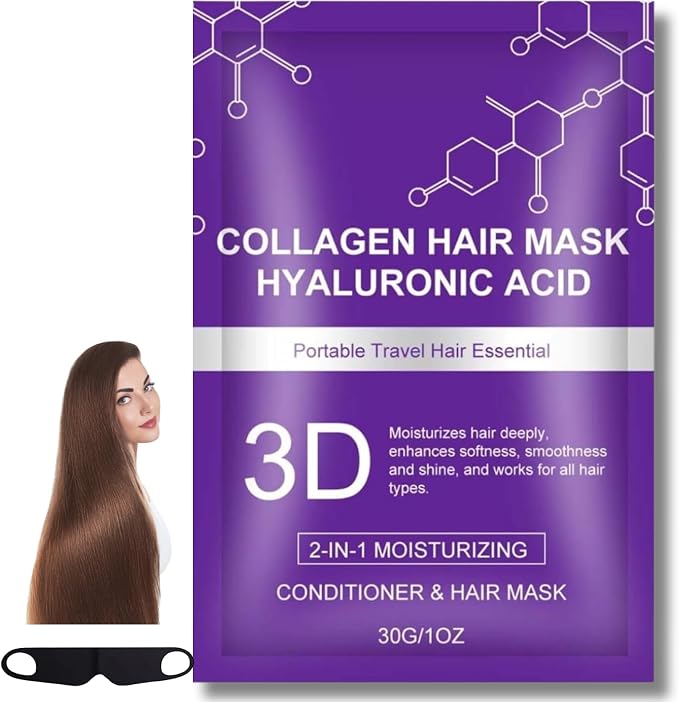 Mascarilla capilar con ácido hialurónico y colágeno de 30 g – Cuidado del cabello hidratante para dar brillo, suavidad y cuidado para cabello seco, estresado y tratado, con antifaz para dormir