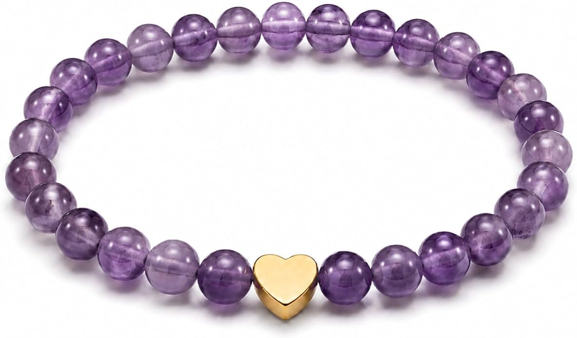 Pulsera de Piedra Natural con Corazón de Acero Inoxidable Chapado en Oro de 18 Quilates | Pulsera para Mujer con Cuentas de 6 mm | Resistente al Agua | Elástica 15–19 cm | Incluye Bolsa para Joyas
