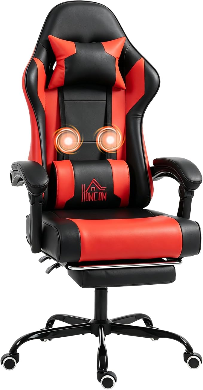 HOMCOM Silla Gaming Ergonómica, Silla Gamer con Lumbar Masaje Vibración, Reclinable 155°, Altura Ajustable, Reposacabezas y Reposapiés Retráctil, para Oficina, Estudio, Rojo