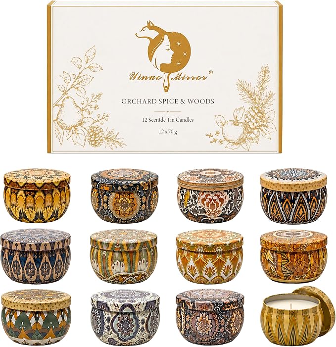 Yinuo Mirror Set de 12 Velas Aromáticas, Cera de Soja de 70 g en Lata, Aromas Especiados, Frutales y Amaderados para Otoño e Invierno, Navidad y Cumpleaños, para Mujer