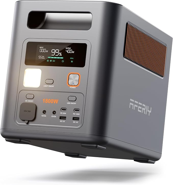AFERIY P180Pro 1800W, Estación de Energía Portátil 1024Wh, Ampliable a 5120 Wh, Generador Solar LiFePO4 y Carga Rápida en 1 H, 9 Salidas, SAI <10 ms, con APP, 230V, para Acampada/Emergencias/Jardín