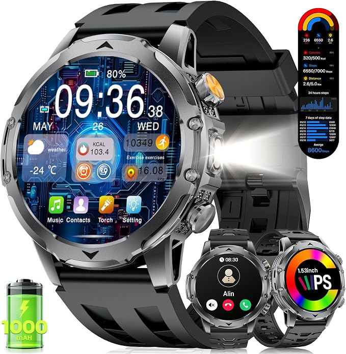 1,53"Reloj Inteligente Hombre, Llamadas Bluetooth, 1000 mAh, Negro Gris