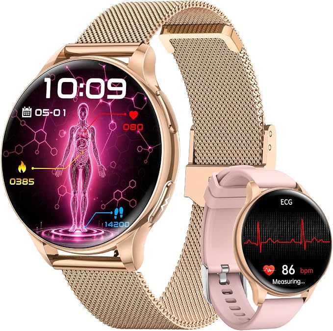 FOSMET Reloj Inteligente Mujer Salud ECG/HRV/BMI Presión Arterial, Rosa Oro